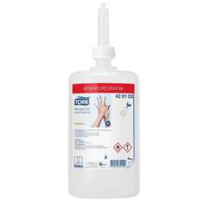 Een sanitizer van 1L met daarin alcohol desinfect handgel