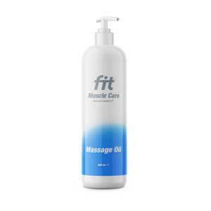 Een blauw witte fles met daarin 500ml Fit Prof Care Massageolie.