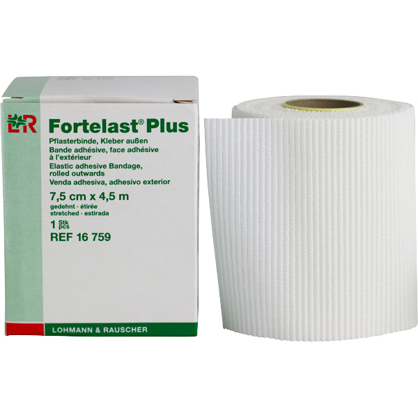 Een rol Fortelast plus van 7,5cm naast het verpakkingsdoosje