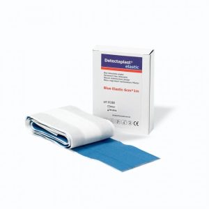 Een productdoosje met daarvoor liggend een Wondpleister 100 x 6cm blauw detecteerbaar haccp