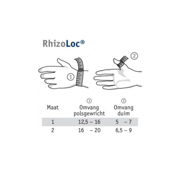 Een maattabel bestemd voor de Bauerfeind Rhizoloc