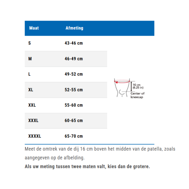 Een maattabel van de Zamst ZK-X kniebrace