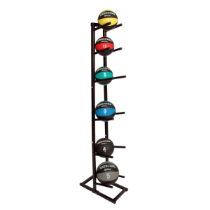 Een zwart Mambo Medicine Ball rek gevuld met 6 verschillende Medicine ballen van boven naar beneden van licht naar zwaar.