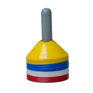 Markeerschijven houder met sets van 20 stuks die op elkaar gestapeld zijn in de kleuren geel, blauw, wit en rood.