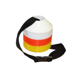 Een zwart koord die drie sets van 20 markeerschijven in de kleuren wit, oranje en geel bij elkaar houd.