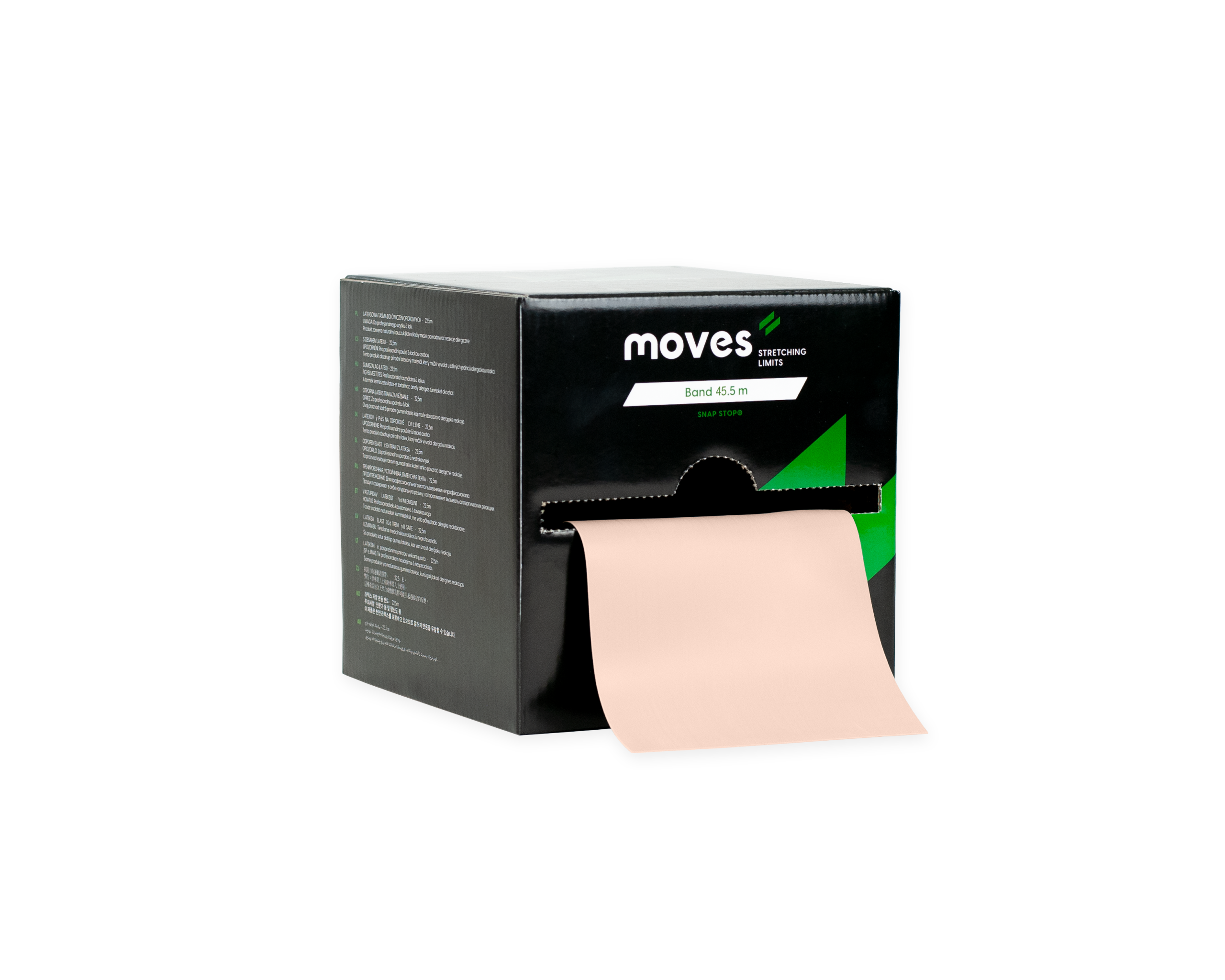 Een doos met daarin een witte Moves oefenband van 45,5m