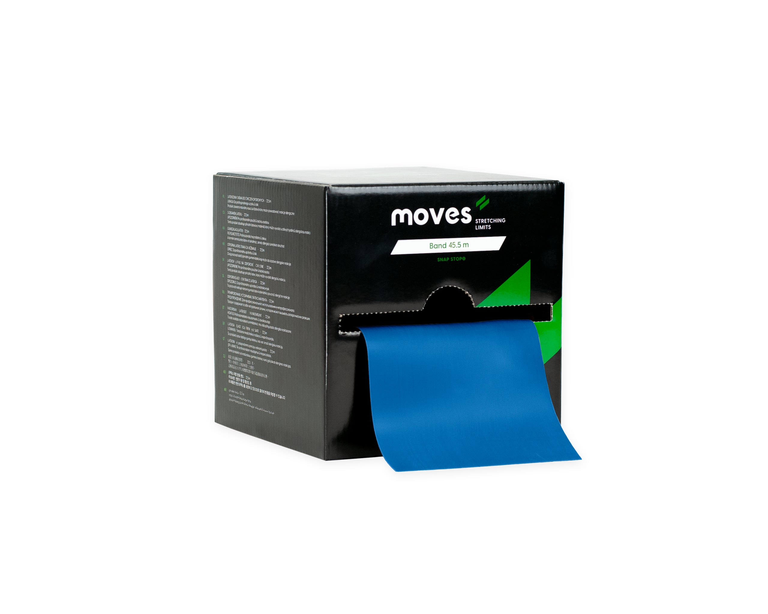 Een doos met daarin een blauwe Moves oefenband van 45,5m