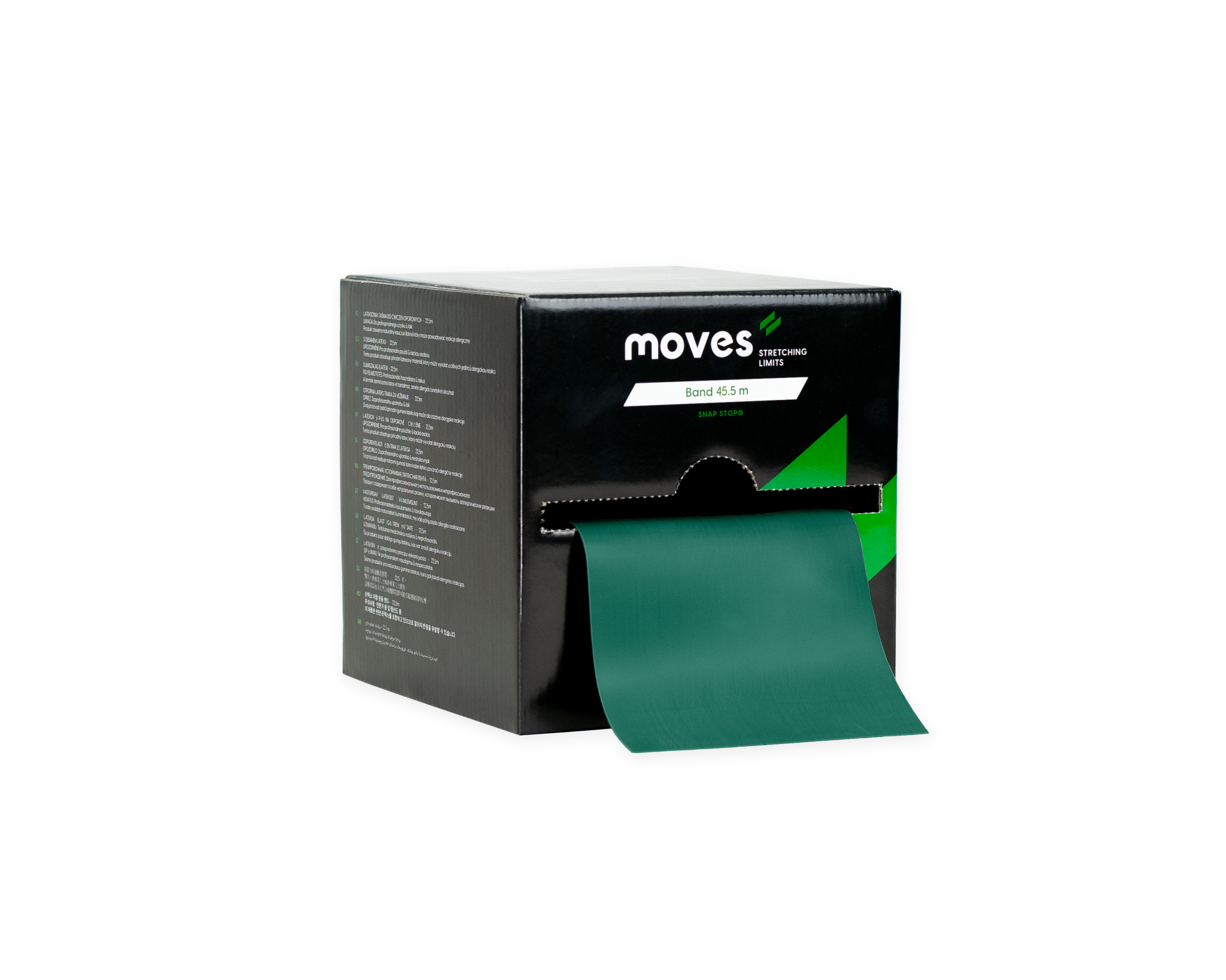 Een doos met daarin een groene Moves oefenband van 45,5m