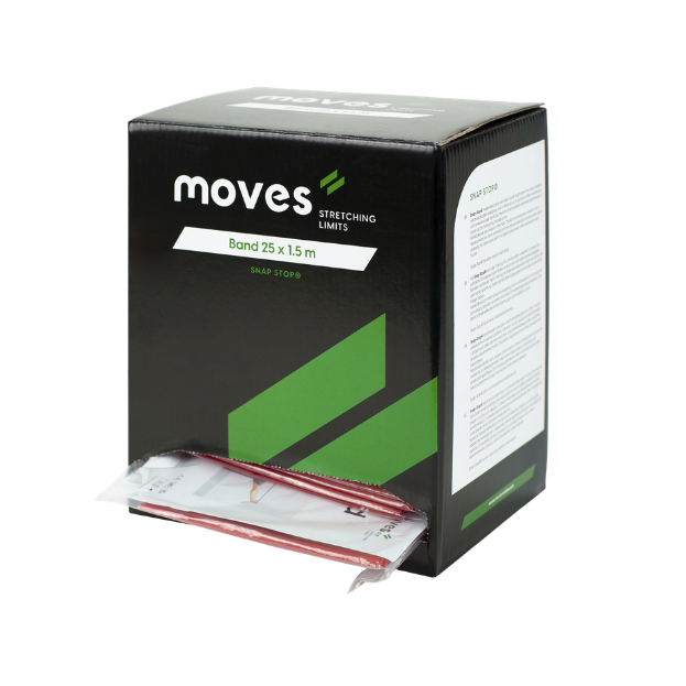 Een dispenser met daarin 25 Moves oefenbanden van 1,5m