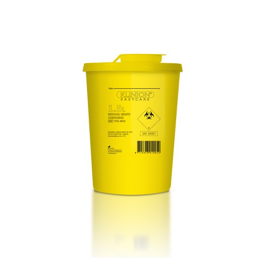 Een gele naaldencontainer met een inhoud van 1,5 liter