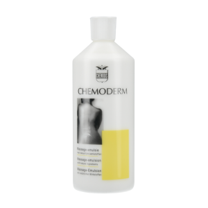 Een 500 ml fles massageolie van chemoderm.