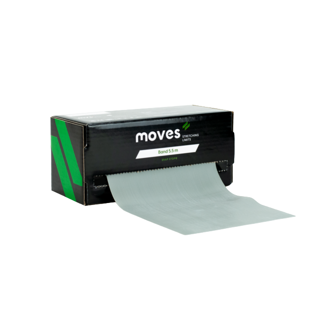 Een moves oefenband van 5,5m in de kleur zilver