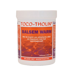 Een wit potje met daarin 250ml aan toco tholin balsem warm