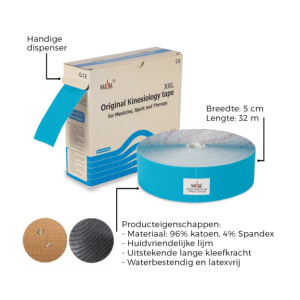 Een blauwe Nasara kinesiotape giant met uitleg van eigenschappen