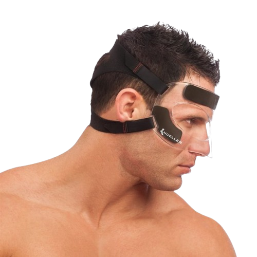 Een man die een mueller neusmasker draagt vanaf de zijkant