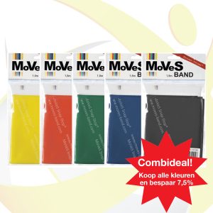 Verschillende kleuren oefenbanden van 1,5 lang naast elkaar met het logo van Fsyimaterialen.nl op de achtergrond.