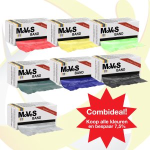 7 doosjes met verschillende kleuren oefenbanden er in met op de achtergrond het logo van Fysiomaterialen.nl