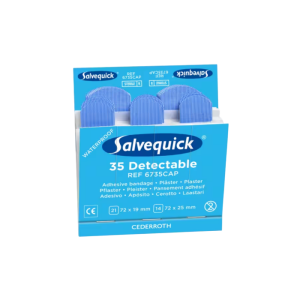 Een doosje met 35 stuks Salvequick Blauwe Detecteerbare Pleisters 6735