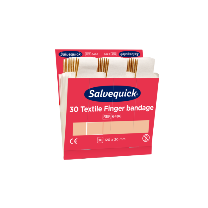 Een omdoos Salvequick Lange Vingerpleisters 6496 (6x30st)