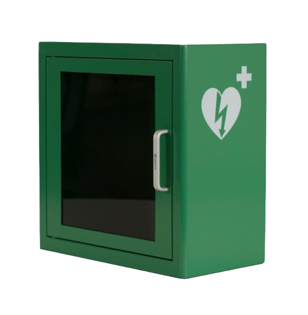Een schuin aanzicht van een gesloten groene universele AED wandkast met alarm