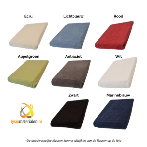 een foto van badstofhoezen in de kleuren ecru, lichtblauw, rood, appelgroen, antraciet, wit, zwart en marineblauw. het logo staat er ook op.