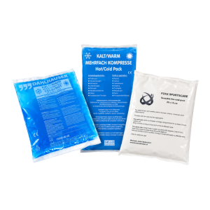 3 hot-cold packs op een rij in verschillende afmetingen
