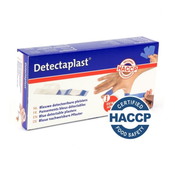 De detecbeerbare vingerpleisters HACCP in een blauw wit doosje.