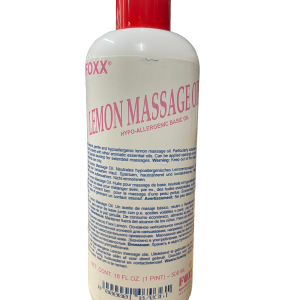 Een flesje met daarin 500ml aan foxx massage olie lemon