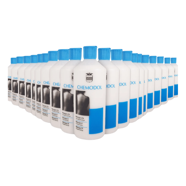 Een rij met meerdere flessen chemodol 500ml naast elkaar