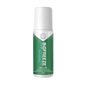 Een verkoelende spier- en gewrichtspijn verlichtende gelroller van het merk Biofreeze met een inhoud van 82 gram.