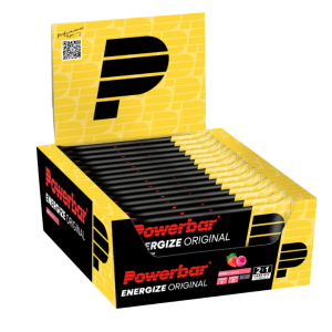 Een doos Powerbar Energize Bar Original in de smaak van Berry. In de doos zitten 15 repen van 55 gram.