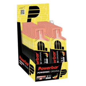 Een omdoos Powerbar Powergel Original in de smaak Strawberry-Banana. In een omdoos zitten 24 verpakkingen van 41 gram.