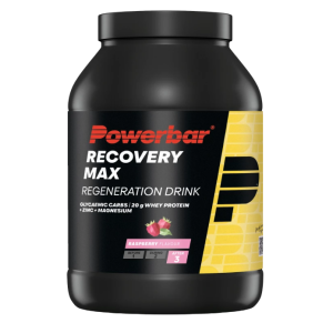 Een vooraanzicht van een pot Powerbar Recovery Max 1144gram in de smaak Raspberry