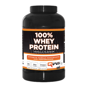 Een vooraanzicht van een pot Qwin 100% Whey Protein 2400 gram in de smaak Vanille.