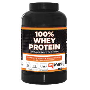 Een vooraanzicht van een pot Qwin 100% Whey Protein 2400 gram in de smaak aardbei.