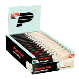 een doos met powerbar protein bars in de smaak vanilla coconut