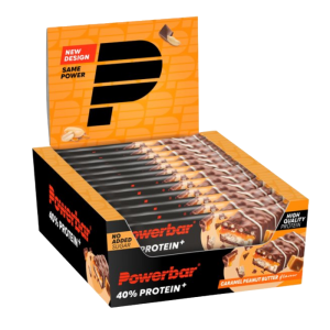 een doos met powerbar protein bars in de smaak peanut butter