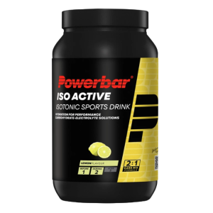 Een vooraanzicht van een pot Powerbar IsoActive 1320gram in de smaak Lemon
