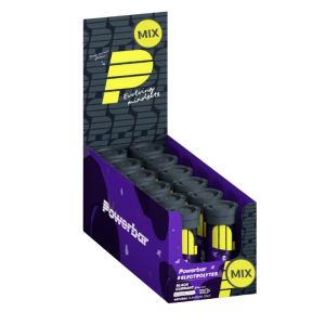 Een doos Powerbar Electrolytes met 5 verschillende smaken erin. In de doos zitten 12 verpakkingen van 10 tabletten.