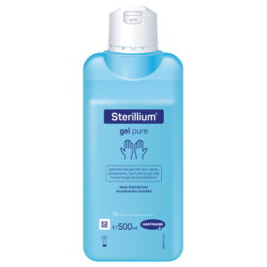 Een fles met daarin 500ml aan sterillium gel pure