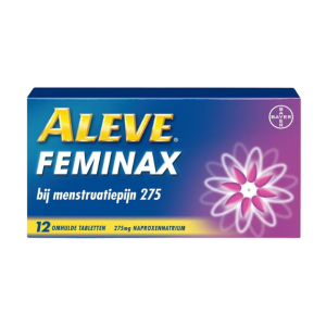 Een doosje met daarin 12 aleve feminax tabletten