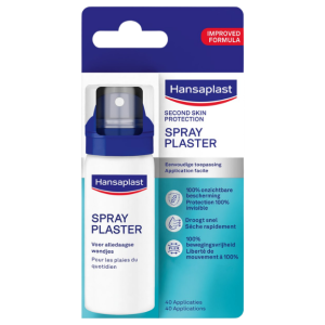 Hansaplast pleisterspray met witte flacon en blauwe dop in verpakking