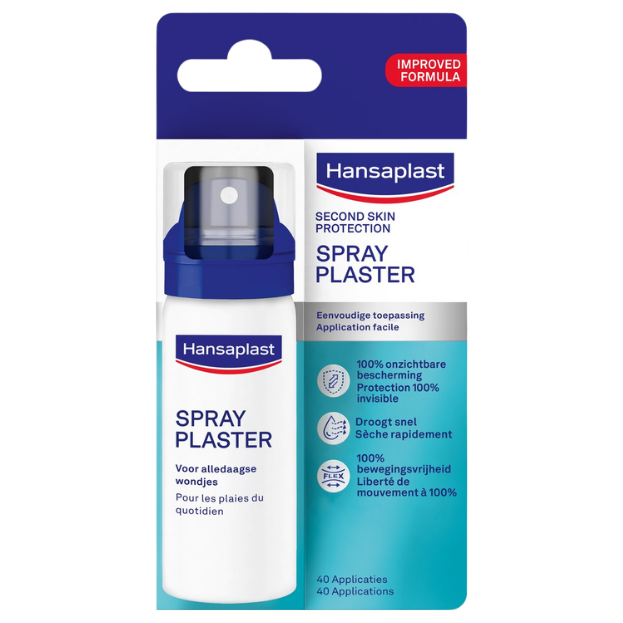 Hansaplast pleisterspray met witte flacon en blauwe dop in verpakking