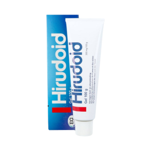 Een verpakking naast een tube met daarin 100 gram aan hirudoid gel