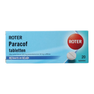 Een blauw doosje met daarin 20 Roter paracof tabletten