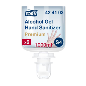 Een flacon met daarin 1L aan Tork S4 alcohol gel handdesinfectie
