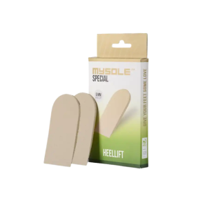 Een verpakkingsdoosje van de Mysole Heellift met 2 zooltjes ernaast